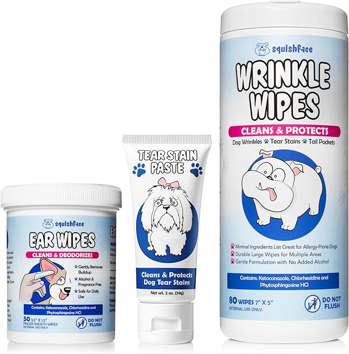 Squishface Tear Stain Paste + Wrinkle Wipes + Dog Ear Wipes Bundle - for Dogs with Wrinkles, Tear Stains, Tail Pockets, Irritated Paws & More - Great for All Breeds!
