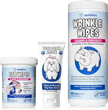 Squishface Tear Stain Paste + Wrinkle Wipes + Dog Ear Wipes Bundle - for Dogs with Wrinkles, Tear Stains, Tail Pockets, Irritated Paws & More - Great for All Breeds!