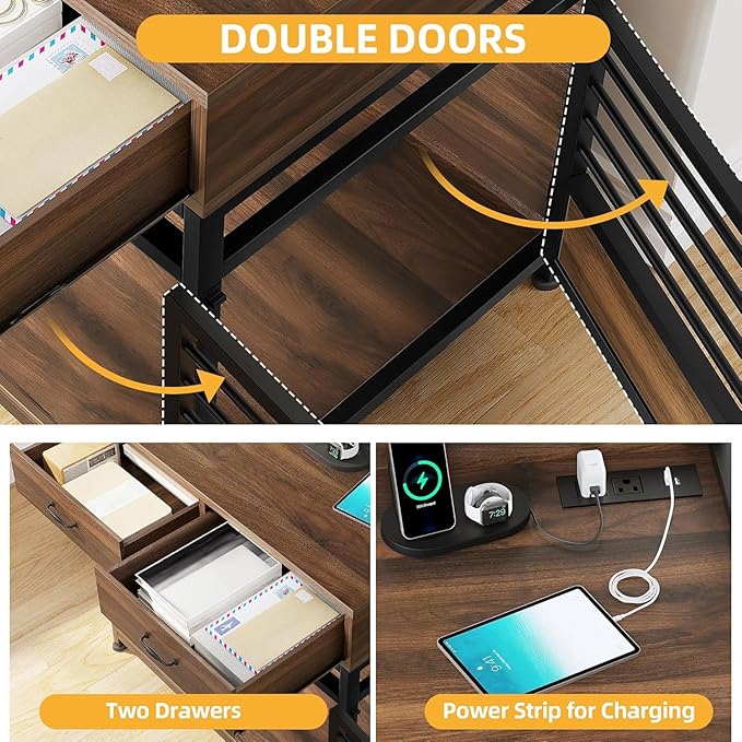 DWVO Dog Crate Furniture with Storage Shelves, Heavy Duty Dog Crate with Drawers & Charging Station, 32 Inch Dog Kennel Indoor Furniture for Medium Dogs, Modern Dog Crate with Double Doors, Brown