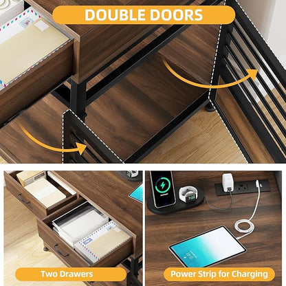 DWVO Dog Crate Furniture with Storage Shelves, Heavy Duty Dog Crate with Drawers & Charging Station, 32 Inch Dog Kennel Indoor Furniture for Medium Dogs, Modern Dog Crate with Double Doors, Brown