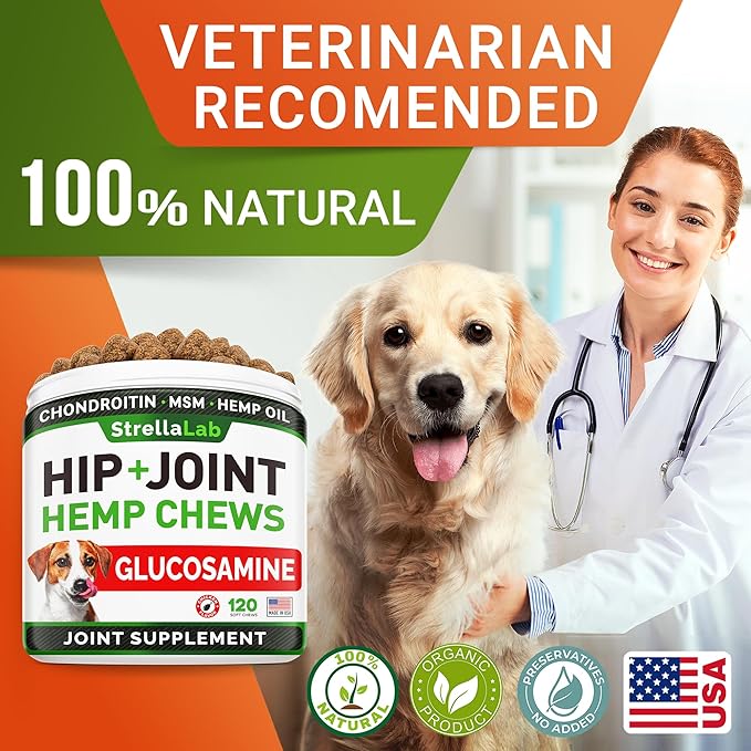 STRELLALAB Hemp Chews for Dogs - Hip & Joint Supplement with Glucosamine - Joint Pain Relief Treats - Omega 3, Chondroitin, MSM - Advanced Mobility Support - Chicken Flavor - 120 Ct - Made in USA