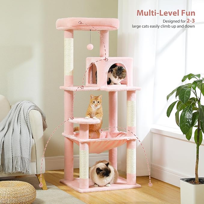 PETEPELA 56.3'' Tall Cat Tree for Indoor Cats, Multi-Level Cat Tower with Super Large Hammock (20''X16''), Sisal Covered Scratching Posts, Cozy Condo and Top Perch,Pink