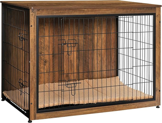 DWANTON Dog Crate Furniture with Cushion, Wooden Kennel Table with Double Doors, Indoor Dog House, Extra Large, 43.3" L, Warm Brown