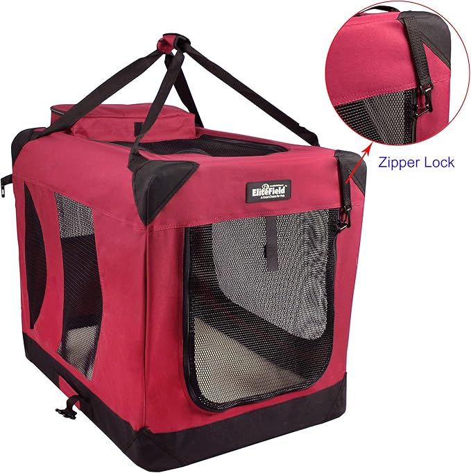 EliteField 3-Door Folding Soft Dog Crate with Carrying Bag and Fleece Bed (2 Year Warranty), Indoor & Outdoor Pet Home (42" L x 28" W x 32" H, Maroon)