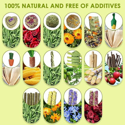 53pcs Rabbit Chew,Rabbit Enrichment Toys from Various Natural Ingredients Such as Apple Wood, Carrots, and Timothy Grass, Suitable for Small Pets Such as Hamsters Totor Guinea Pigs