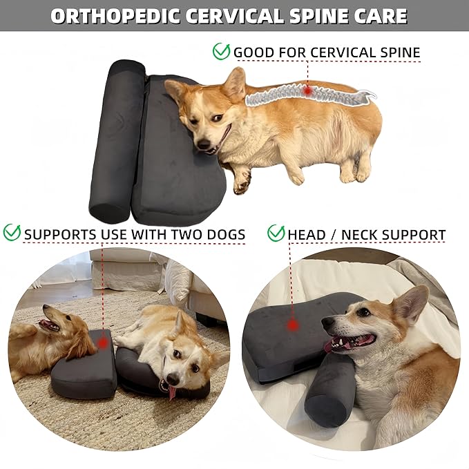 Dog pillow suitable for large dogs, multi-functional for people and pets, beneficial for cervical spine / neck, portable U-shaped pillow. Super soft high density soothing, improves joints(Gray,Large)