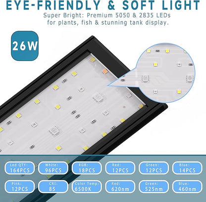 LED Aquarium Light, 24/7 Mode IP68 for Plants-Full Spectrum Fish Tank Light, 36-45 Inch, Sunrise-Daylight-Moonlight, White Blue Red Green Pink LEDs with Extendable Brackets for Freshwater