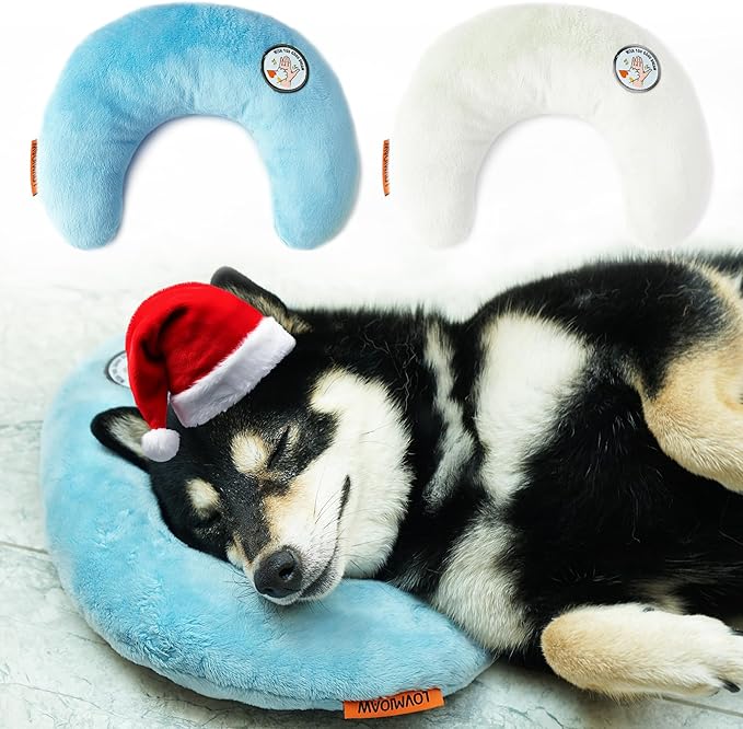 Dog Pillow, Dog Calming Pillow for Small Dog and Cats, U-Shaped Half Donut Dog Neck Pillow, Deep Sleep Fluffy & Cozy Pet Calming Toy, Joint Relief Sleeping Improve(2 Pack(Blue&White)