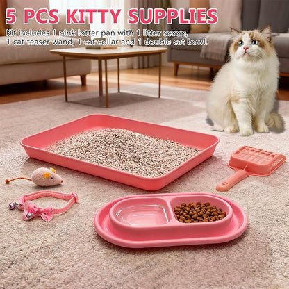 Cute Kitten Starter Kit, Small Cat Litter Box, Litter Scoop, Double Dish Feeding Bowl, Adjustable Cat Collar with Bell, Cat Mouse Toy,Low Entry Baby Kitten Training, First Catty Owner Essentials