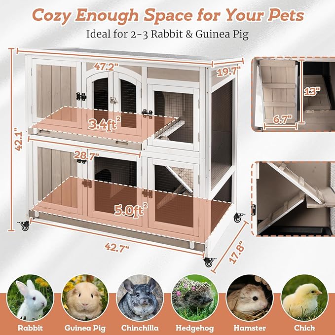 2 Story Large Rabbit Hutch Indoor with 2 Deeper Pull-Out Trays, Wooden Rabbit Cage with 4 Lockable Wheels, Ramp, Chew-Anti Metal Strip for Rabbit, Guinea Pig, Hamster(47" L x 18" W x 42" H)