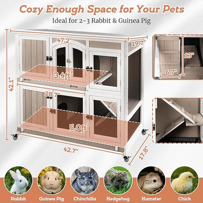 2 Story Large Rabbit Hutch Indoor with 2 Deeper Pull-Out Trays, Wooden Rabbit Cage with 4 Lockable Wheels, Ramp, Chew-Anti Metal Strip for Rabbit, Guinea Pig, Hamster(47" L x 18" W x 42" H)