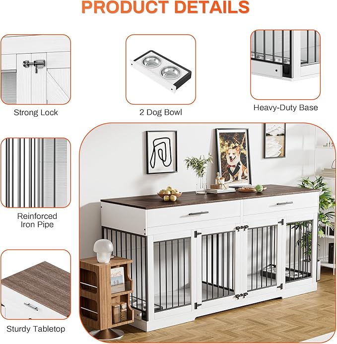 Rophefx 72" Dog Crate Furniture for 2 Dogs, Large Dog Kennel Furniture with 2 Storage Drawer and Removable Divider, Wooden Dog Cage with 4 Bowls, Indoor Dog House TV Stand for Medium Dog, White