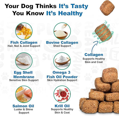 Doggie Dailies Skin & Coat Supplement Support, Salmon Oil for Dogs Skin and Coat with Collagen, Omega 3, Krill Oil, Biotin, & Coconut Oil for Dogs (Salmon) 225 Soft Chews