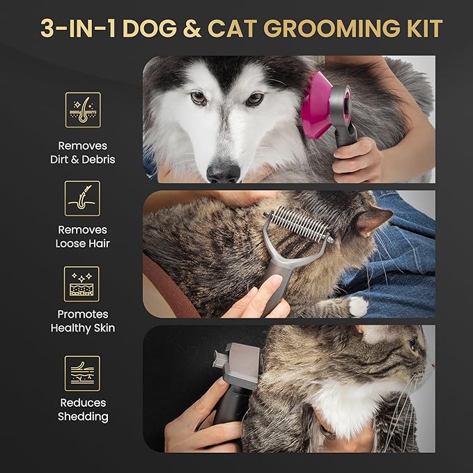 Pet Grooming Comb and Brush for Dogs and Cats - Detangling, Dematting, Dog Brush, Cat Brush Self-Cleaning Button Undercoat Rake, Slicker Brush, Dog Grooming Brush, Cat Grooming Brush Deshedding