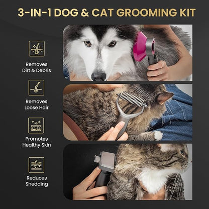 Pet Grooming Comb and Brush for Dogs and Cats - Detangling, Dematting, Dog Brush, Cat Brush Self-Cleaning Button Undercoat Rake, Slicker Brush, Dog Grooming Brush, Cat Grooming Brush Deshedding