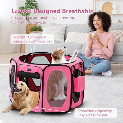 Dog Playpen, Cat Dog Crate Portable Pet Exercise Cage Kennel House Puppy Playpen Animal Playpen Indoor/Outdoor, Water-Resistant Kennel Tent with Traveling Bag (Pink, Large)