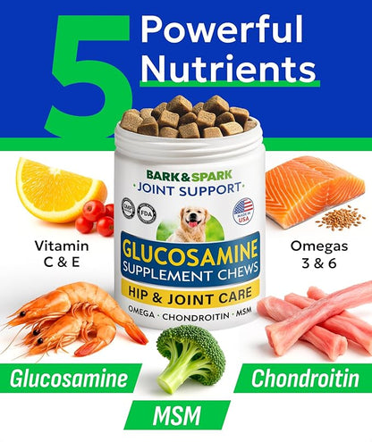 Bark&Spark Glucosamine Chondroitin Dog Hip & Joint Supplement - Joint Pain Relief - Hip & Joint Chews - Joint Support Large Small Breed - Senior Doggie Vitamin Pill Joint Health (120 Treats - Chicken)