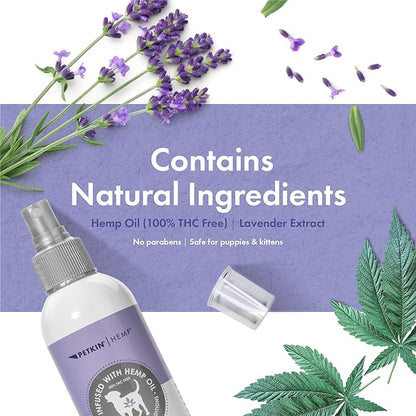 Petkin Hemp Fragrance for Dogs and Cats - with Hemp Oil & Calming Lavender Extract, 8 oz - Soothes, Calms & Conditions - Keeps Pet Smelling Great - for Home, Travel & Use on Pet Bedding