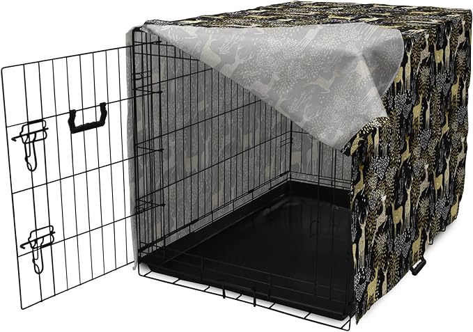 Ambesonne Christmas Dog Crate Cover, Nature Woodland and Deer Silhouettes with Oriental Ornaments Design, Easy to Use Pet Kennel Cover for Cats & Medium Dogs, 30 Inch, Yellow White Black