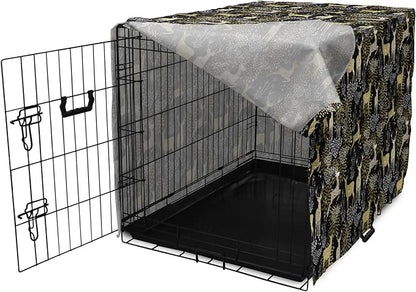 Ambesonne Christmas Dog Crate Cover, Nature Woodland and Deer Silhouettes with Oriental Ornaments Design, Easy to Use Pet Kennel Cover for Small Dogs Puppies Kittens, 22 Inch, Yellow White Black
