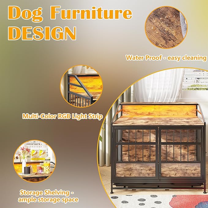 Dog Crate Furniture with Led Lights,Heavy Duty Wooden Dog Kennel with Double Doors,Dog House Indoor for Small Medium Dogs,End Table with Shelves,Black and Brown(34.65" L_24.02W_31.5" H)