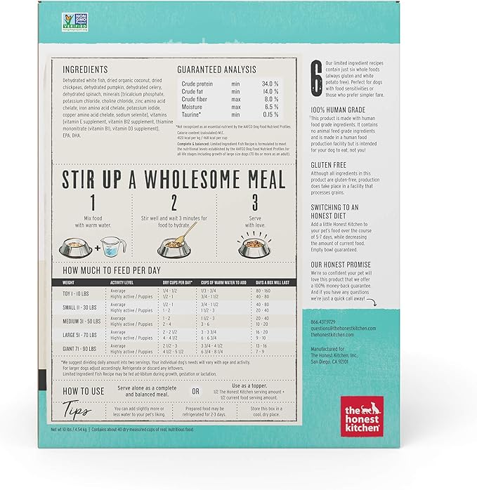 The Honest Kitchen Dehydrated Limited Ingredient Dog Food  Complete Meal or Dog Food Topper  Fish 10 lb (makes 40 lbs)