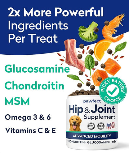 PAWFECTCHEW Advanced Hip & Joint Glucosamine Supplement for Dogs - Treats for Picky Eaters w/Chondroitin, MSM, Omega-3 - Joint Pain Relief - Chicken Liver - 180 Ct - Made in USA