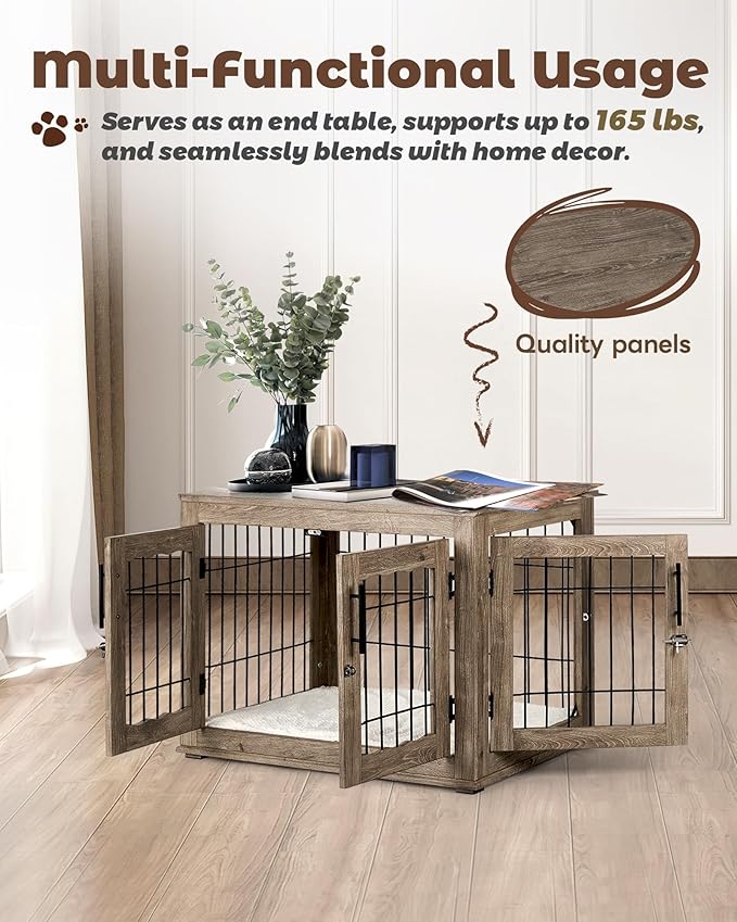 Dog Crate Furniture, 32 inch Medium Dog Crates with Bed Mat, Wooden Dog Kennel Furniture, End Side Table Dog Cage with 3 Doors, Greige