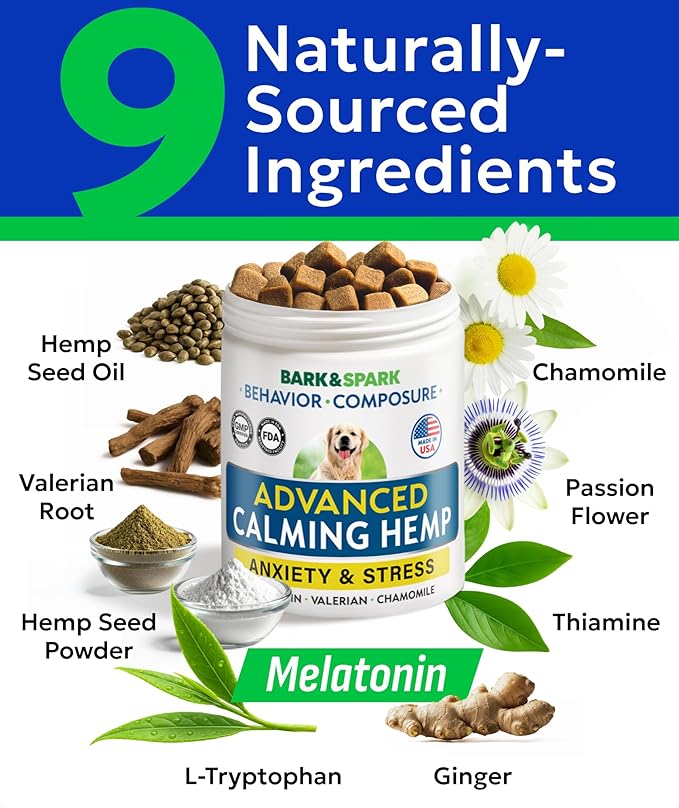 BARK&SPARK Advanced Calming Chews for Dogs - Hemp Chew + Melatonin - Anxiety Relief - Sleep Aid - Relaxing Treats - Stress Relief During Fireworks, Storms, Thunder, Barking - Made in USA - 60Ct