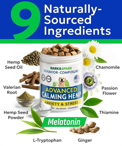 BARK&SPARK Advanced Calming Chews for Dogs - Hemp Chew + Melatonin - Anxiety Relief - Sleep Aid - Relaxing Treats - Stress Relief During Fireworks, Storms, Thunder, Barking - Made in USA - 60Ct