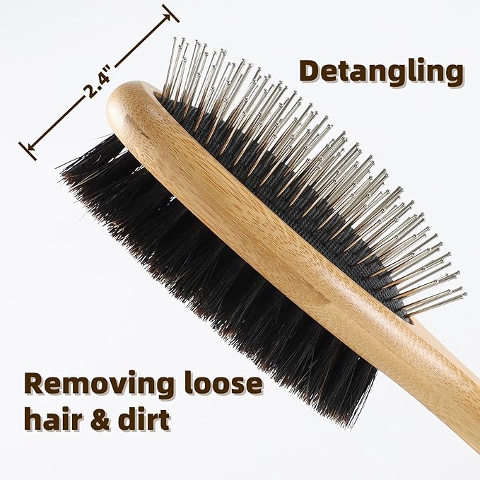Double Sided Dog Brush Pin and Boar Bristle Pet Grooming Comb for Long or Short Haired Dogs and Cats Removing Shedding Tangles and Dead Undercoat