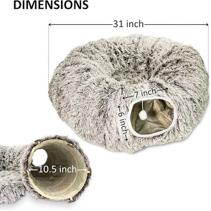 Cat Donut Bed with Washable Cushion  Cat Caves for Indoor Cats  Collapsible Donut Bed with Peekaboo Pet Tunnel Toy  Cozy Hideout for Kittens, Ferrets, Rabbits & Dogs - Brown
