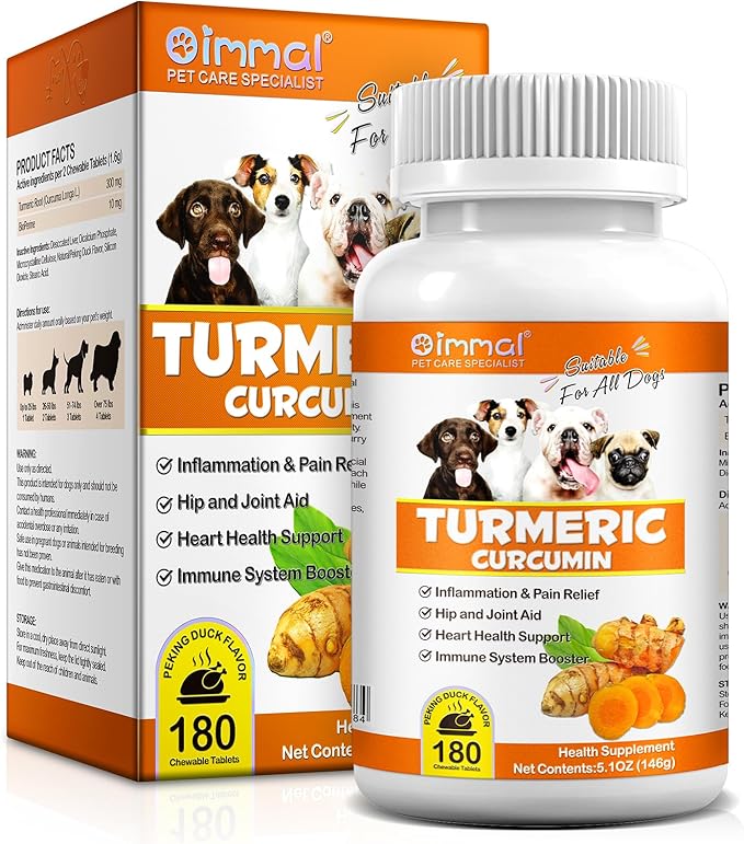 Turmeric for Dogs, 180 Turmeric Curcumin Tablets Supports Heart, Immune System Booster, Hip & Joint Support, Dog Pain Relief, Pet Supplement Treats for All Breeds Dogs & Ages - 180 Tablets / 5.1 OZ