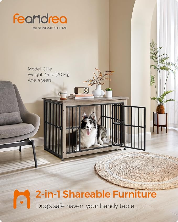 Feandrea Dog Crate Furniture, 38.6" Side End Table, Modern Kennel for Dogs Indoor up to 70 lb, Heavy-Duty Dog Cage with Enclosed Base, Double-Door Dog House, Greige UPFC023G01