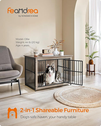 Feandrea Dog Crate Furniture, 38.6" Side End Table, Modern Kennel for Dogs Indoor up to 70 lb, Heavy-Duty Dog Cage with Enclosed Base, Double-Door Dog House, Greige UPFC023G01