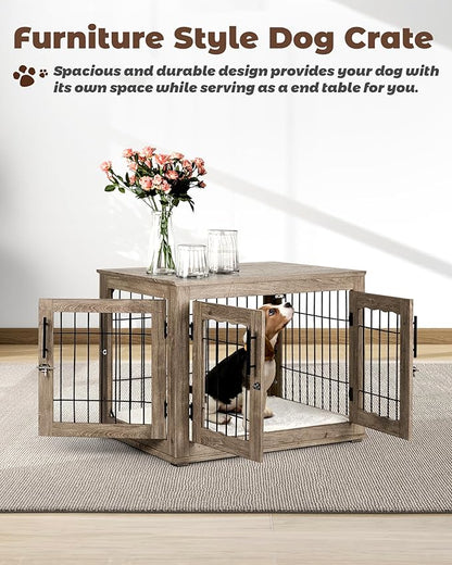 Dog Crate Furniture, 32 inch Medium Dog Crates with Bed Mat, Wooden Dog Kennel Furniture, End Side Table Dog Cage with 3 Doors, Greige