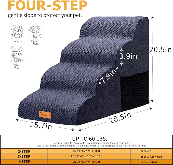Topmart High Density Foam Dog Steps 4 Tiers,Extra Wide Deep Pet Steps,Non-Slip Pet Stairs,Dog Ramp for Bed,Soft Foam Dog Ladder,Best for Older Dogs Injured,Older Pets,Cats with Joint Pain