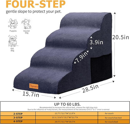 Topmart High Density Foam Dog Steps 4 Tiers,Extra Wide Deep Pet Steps,Non-Slip Pet Stairs,Dog Ramp for Bed,Soft Foam Dog Ladder,Best for Older Dogs Injured,Older Pets,Cats with Joint Pain
