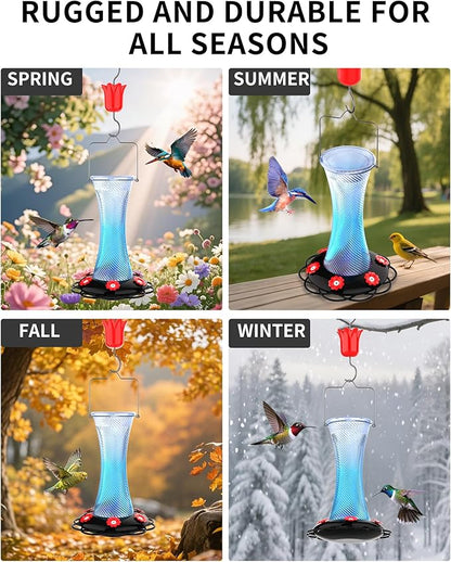 Hanging 20oz Glass Hummingbird Feeder with Moat, Small Outdoor Plastic Bird Feeder, Squirrel Proof, Ants, Outside Water Dispenser for Garden (Blue Glass Birdfeeder)