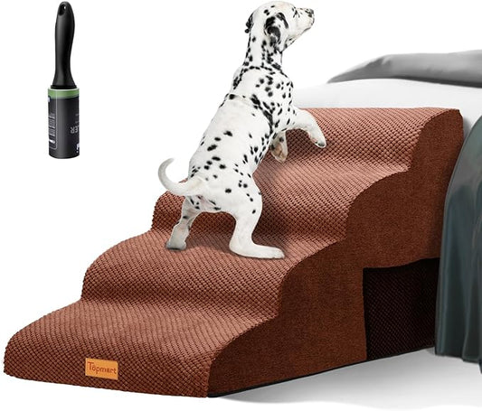 Topmart Wider High Density Foam Dog Steps 4 Tiers,Extra Wide Deep Pet Steps,Non-Slip Pet Stairs with Waterproof Cover,Soft Foam Dog Ladder,Best for Older Dogs Injured,Older Pets,Cats with Joint Pain