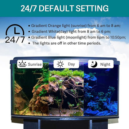 hygger 24/7 Mode Submersible Aquarium LED Light, Full Spectrum Hidden Fish Tank Light with 3 Rows Beads 7 Colors Auto On Off Sunrise-Daylight-Moonlight, Adjustable Timer Brightness 6W