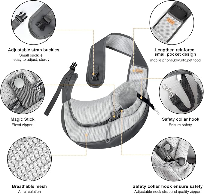 Cuby Pet Sling Carrier for Small Dogs Cats,Drawstring & Zipper & Special Security Hook Triple Designs for Pets' Securty,Breathable Mesh Travel Cat Carrier Bag with Adjustable Shoulder Strap (S Grey)