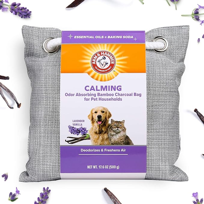 Arm & Hammer for Pets Air Care Calming Bamboo Charcoal Air Purifying Bag in Lavender Vanilla Scent | 17.6 oz Odor Absorbing Charcoal Bag | Easy Pet Odor Eliminator for Pet Households (FF12537)