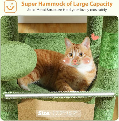 PETEPELA 45.7" Cat Tree for Indoor Cats, Cactus Cat Tower for Large Cats with Metal Frame Large Hammock (17.3"x15.3"), Cat Condo with (18.5"x13") Big Top Perch & 4 Sisal Covered Scratching Posts,Green