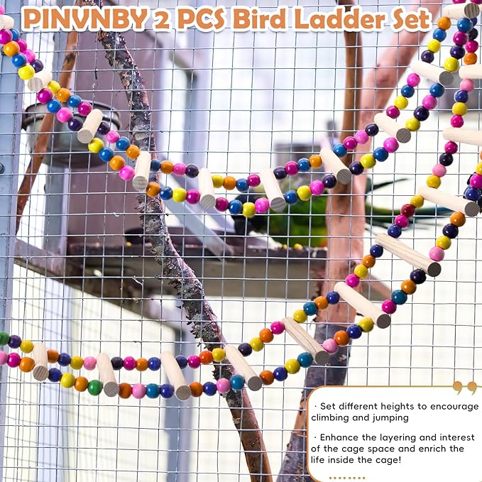 PINVNBY 2 PCS Extra Large Bird Ladder Toys, Wooden Parakeet Swing Toys with Colored Beads, Bird Cage Accessories for Parrot Macaws African Greys Conure Cockatiel (25.6''-10 Steps and 39.3''-18 Steps)