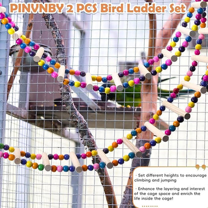 PINVNBY 2 PCS Extra Large Bird Ladder Toys, Wooden Parakeet Swing Toys with Colored Beads, Bird Cage Accessories for Parrot Macaws African Greys Conure Cockatiel (25.6''-10 Steps and 39.3''-18 Steps)