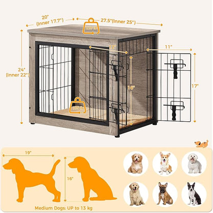 Yaheetech 27.5'' Dog Crate Furniture with Cushion Wooden Dog Crate with Double Doors/Adjustable Feet Side End Table for Small/Medium Dogs, Greige
