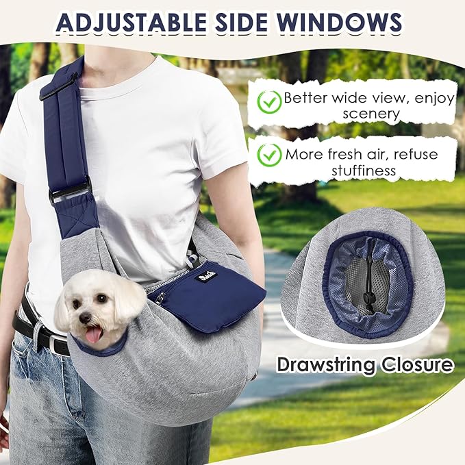 SlowTon Dog Carrier Sling - Puppy Carrier with Window and Storage Pocket Fits up to 12lbs, Dog Sling with Thick Adjustable Shoulder Strap and Safety Leash, Pet Carrier Bag for Small Dogs Cats(Blue S)