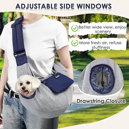 SlowTon Dog Carrier Sling - Puppy Carrier with Window and Storage Pocket Fits up to 12lbs, Dog Sling with Thick Adjustable Shoulder Strap and Safety Leash, Pet Carrier Bag for Small Dogs Cats(Blue S)