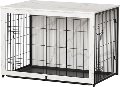 Megidok Wooden Dog Crate Furniture with Cushion, Dog Crate End Table with Tray, Double Doors Dog Crate(*L:43.1" L*28.6" W*30.3" H, Marble White)